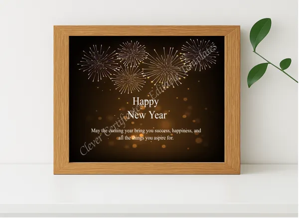 Realistic mockup featuring Black And Golden Happy New Year Poster  displayed within a modern frame, set against a minimalistic background.