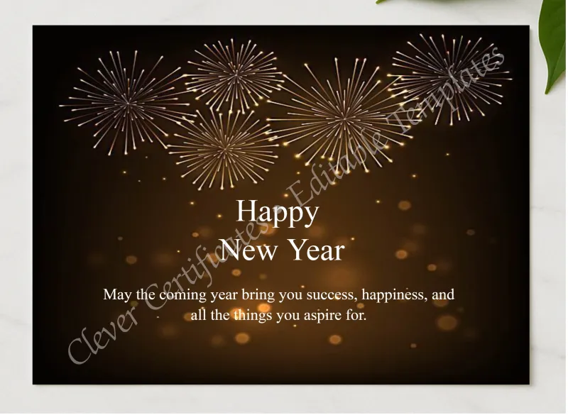 Black And Golden Happy New Year Poster  presented in a sleek wooden frame, elegantly arranged on a stylish table.
