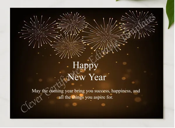 Black And Golden Happy New Year Poster  presented in a sleek wooden frame, elegantly arranged on a stylish table.