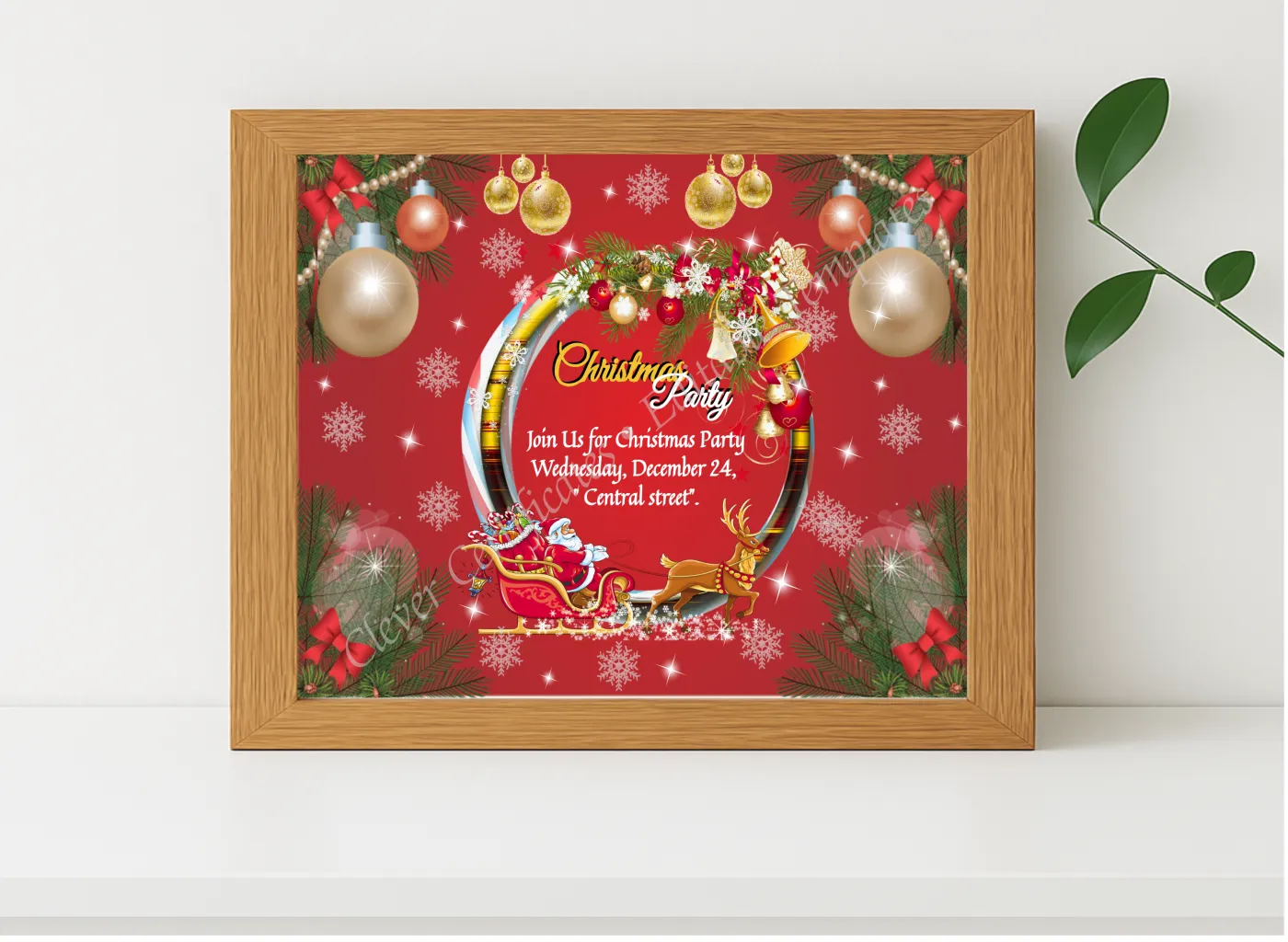 Realistic mockup featuring Editable Christmas Invitation Card displayed within a modern frame, set against a minimalistic background.