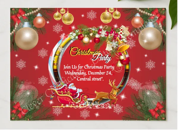 Editable Christmas Invitation Card presented in a sleek wooden frame, elegantly arranged on a stylish table.