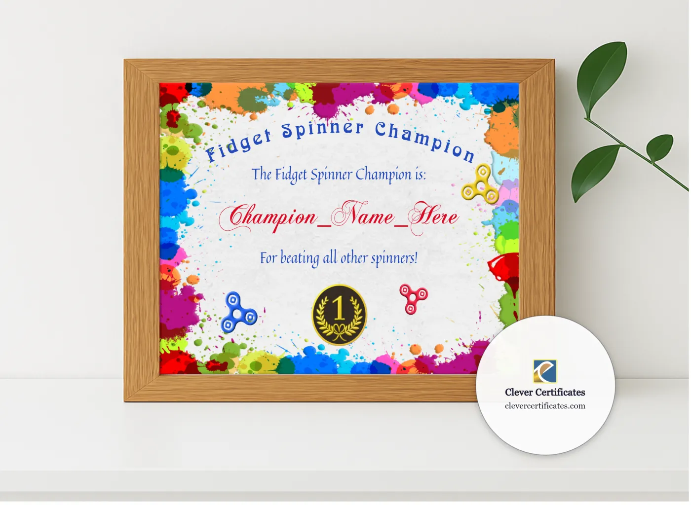 Realistic mockup featuring Fidget Spinner Champion Certificate displayed within a modern frame, set against a minimalistic background.