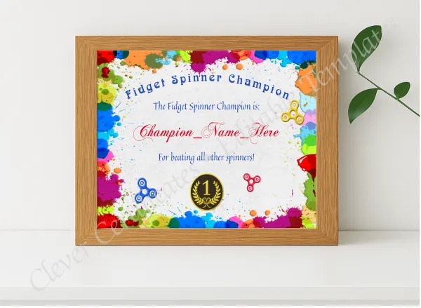Realistic mockup featuring Fidget Spinner Champion Certificate displayed within a modern frame, set against a minimalistic background.