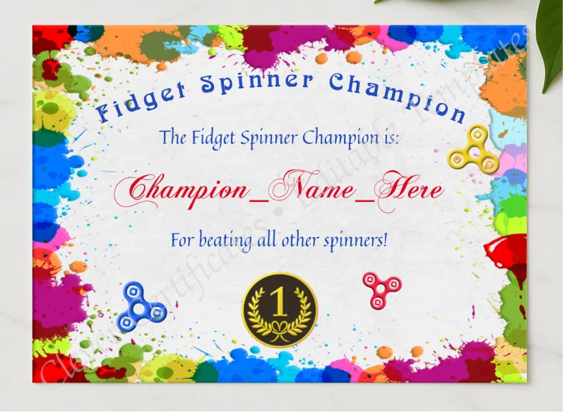 Fidget Spinner Champion Certificate presented in a sleek wooden frame, elegantly arranged on a stylish table.