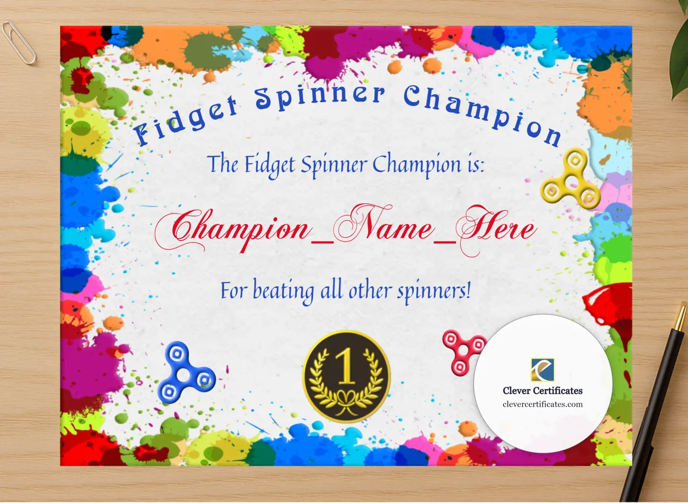 Professional preview of Fidget Spinner Champion Certificate certificate on high-quality stationery paper, ideal for showcasing the final look.