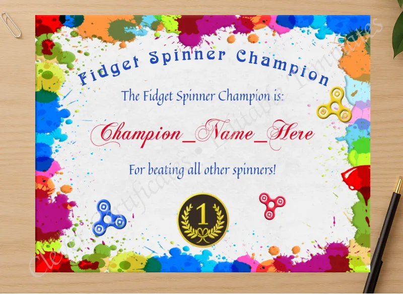 Professional preview of Fidget Spinner Champion Certificate certificate on high-quality stationery paper, ideal for showcasing the final look.