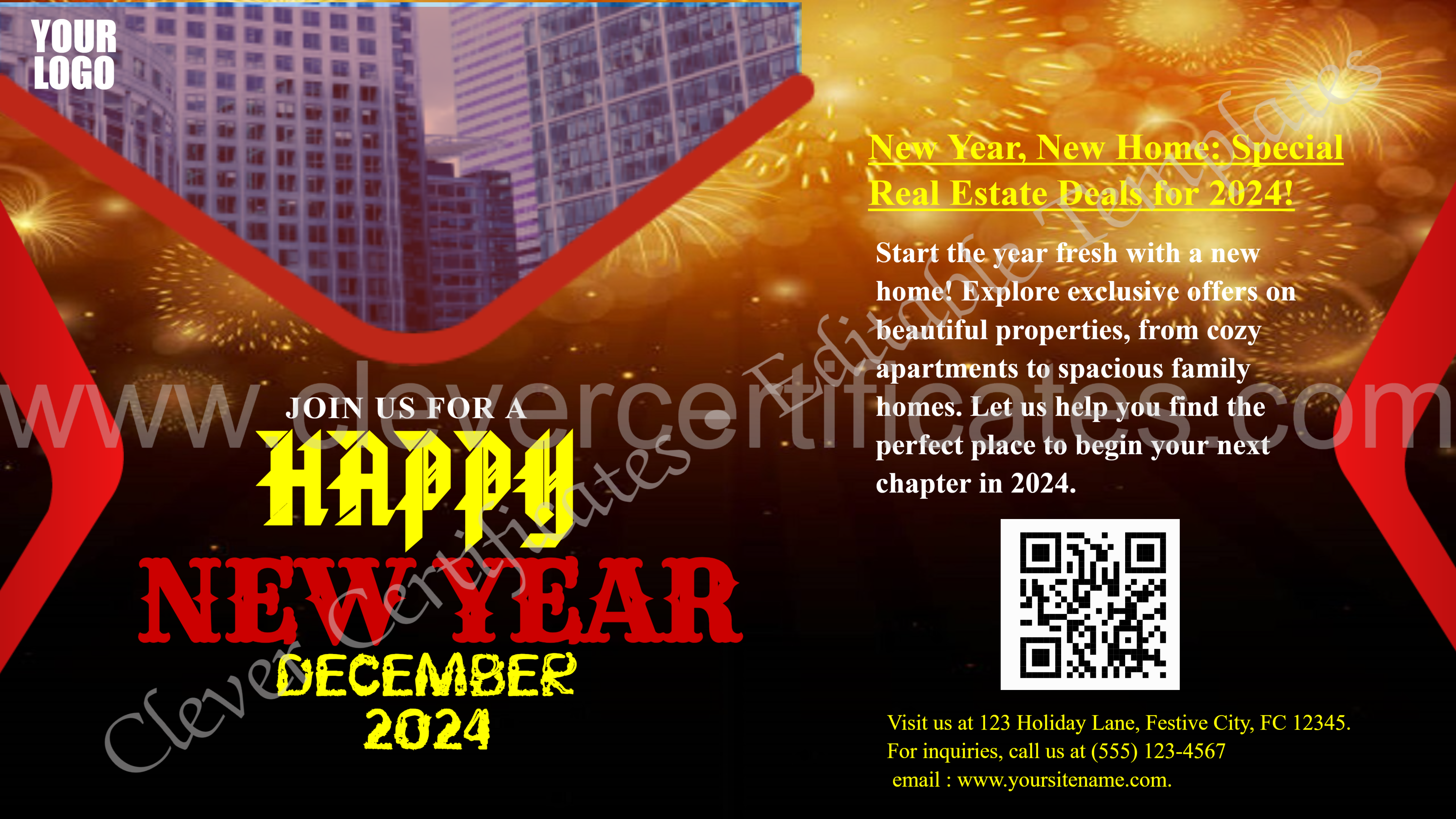 Editable Real Estate Happy New Year Brochure — Certificate Template Preview