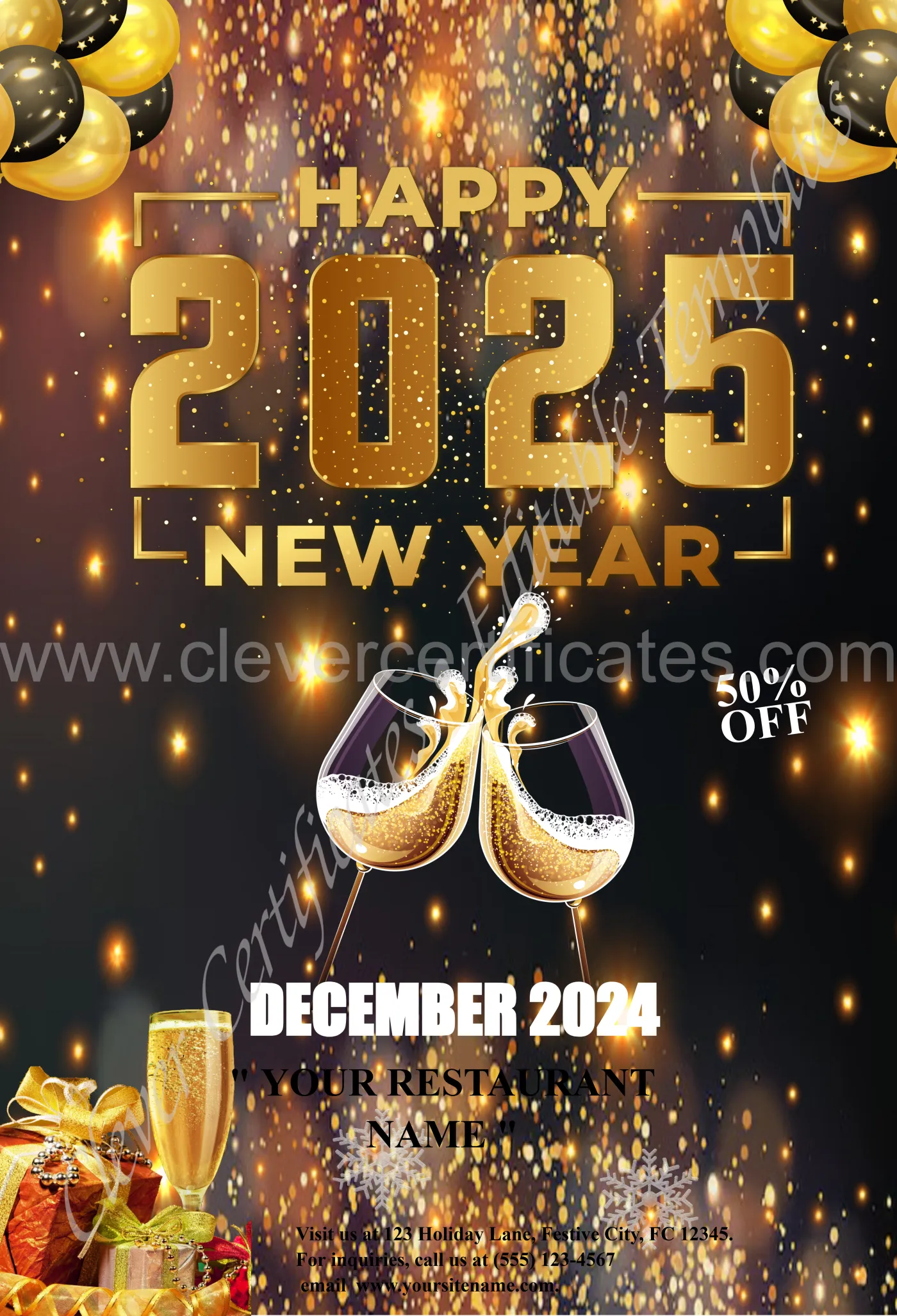Editable New Year 2025 Restaurant Flyer — Certificate Template Preview