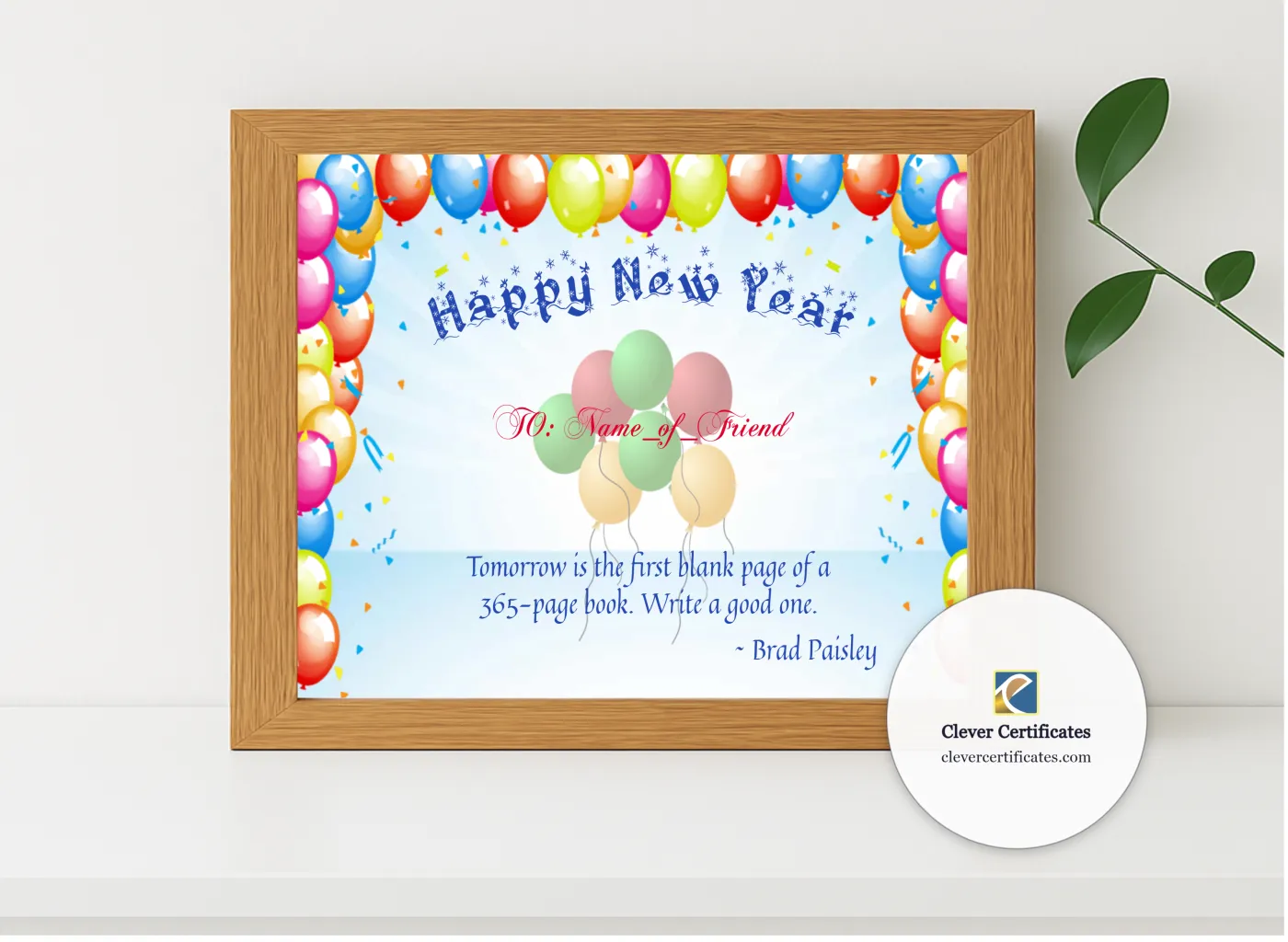 Realistic mockup featuring Happy New Year Certificate 3 displayed within a modern frame, set against a minimalistic background.