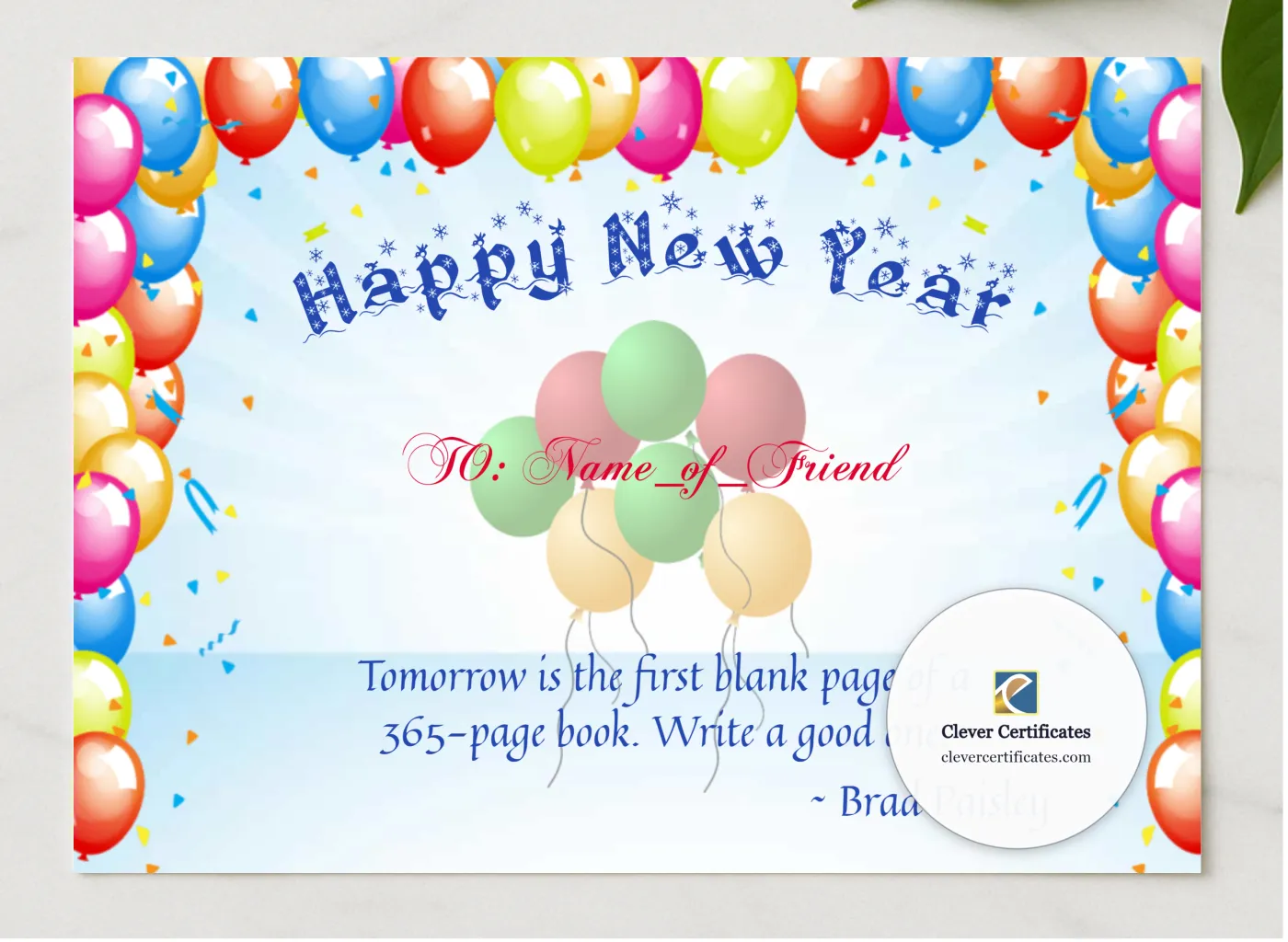 Happy New Year Certificate 3 presented in a sleek wooden frame, elegantly arranged on a stylish table.