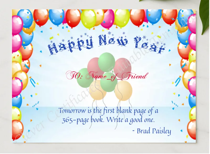 Happy New Year Certificate 3 presented in a sleek wooden frame, elegantly arranged on a stylish table.