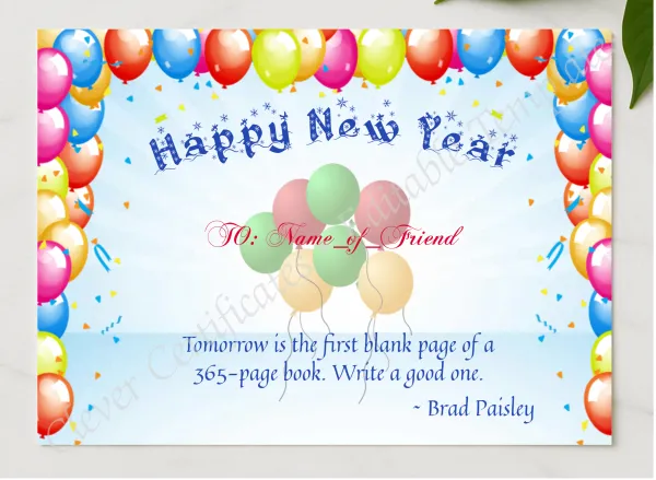 Happy New Year Certificate 3 presented in a sleek wooden frame, elegantly arranged on a stylish table.