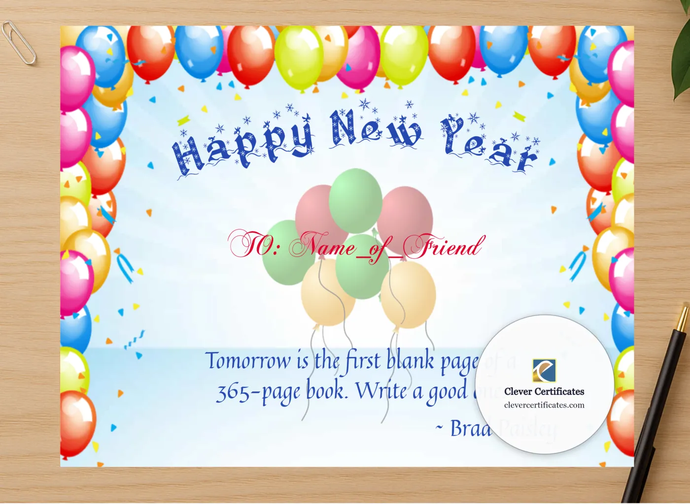 Professional preview of Happy New Year Certificate 3 certificate on high-quality stationery paper, ideal for showcasing the final look.