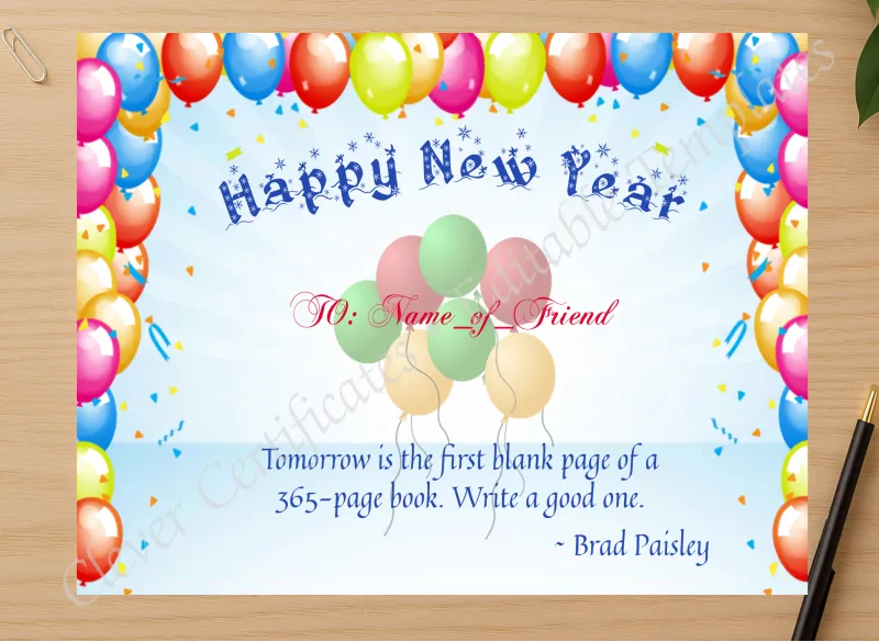 Professional preview of Happy New Year Certificate 3 certificate on high-quality stationery paper, ideal for showcasing the final look.