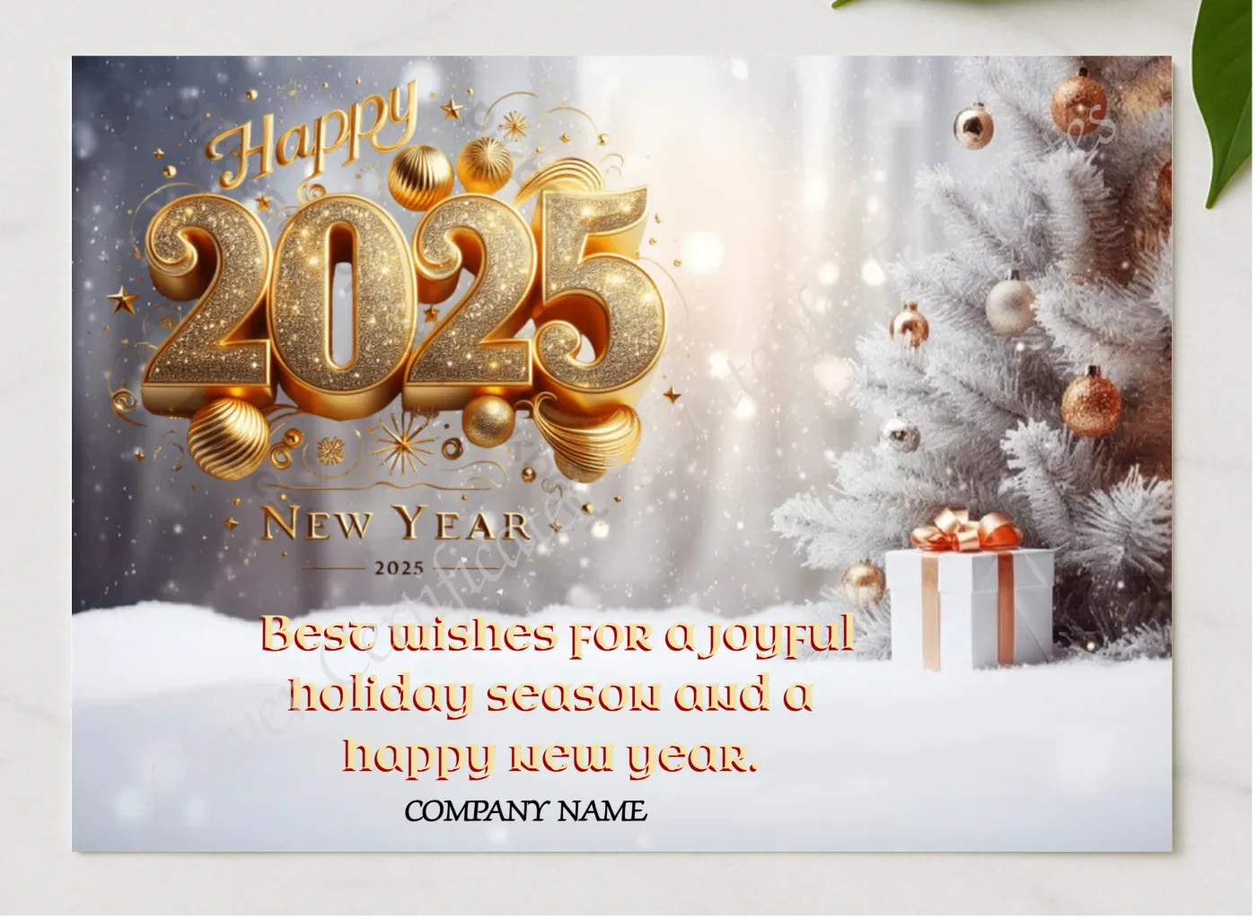 Editable Happy New Year Business Card presented in a sleek wooden frame, elegantly arranged on a stylish table.