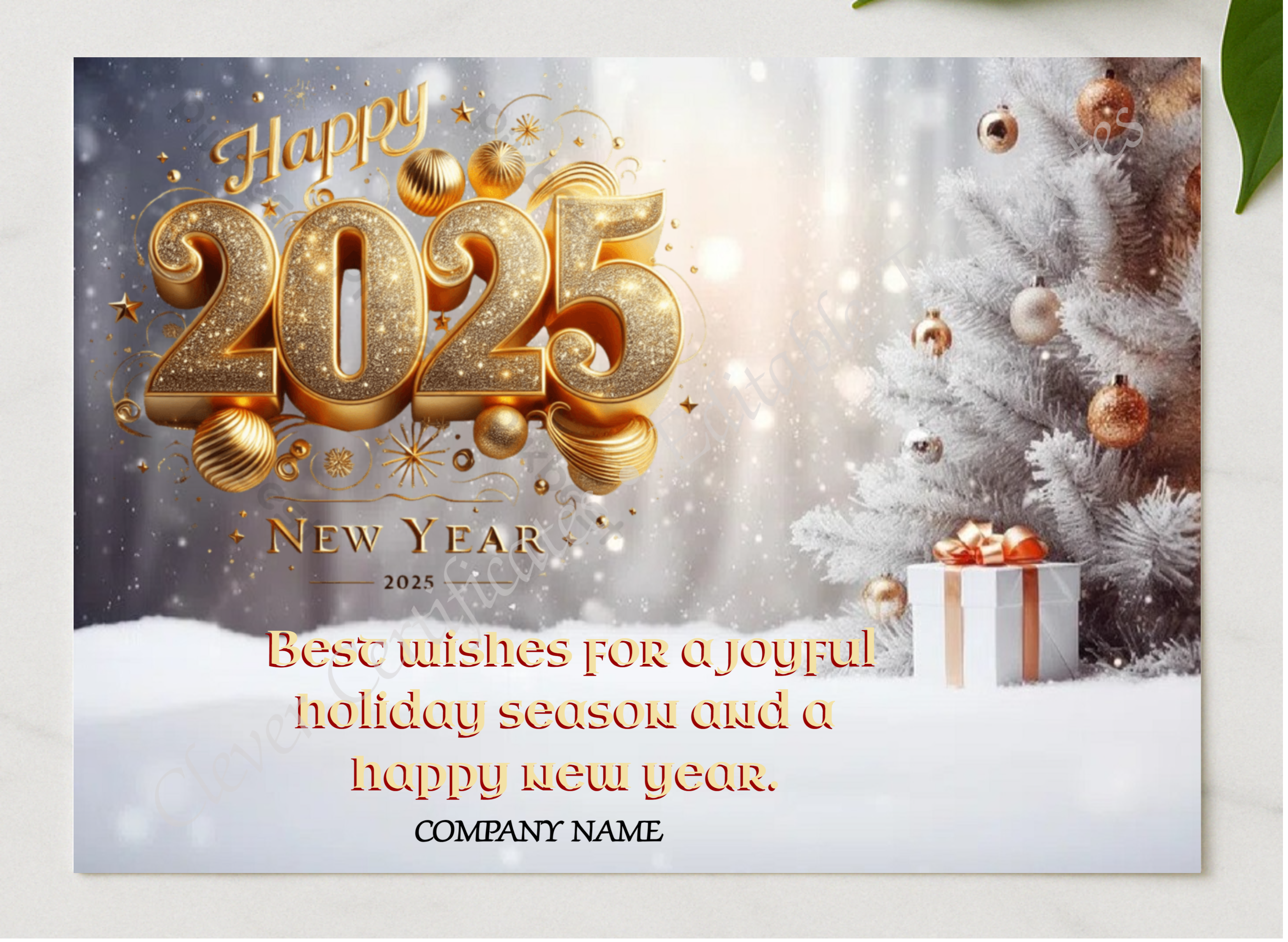 Editable Happy New Year Business Card presented in a sleek wooden frame, elegantly arranged on a stylish table.