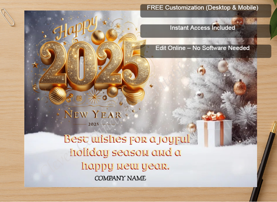 Zoomed preview with Free Editor badge stack for Editable Happy New Year Business Card