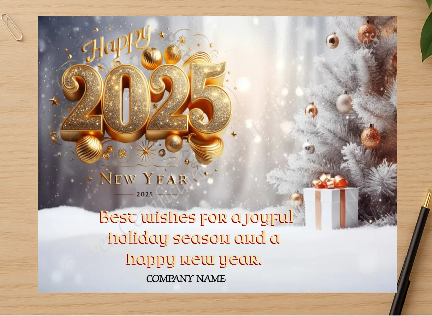 Professional preview of Editable Happy New Year Business Card certificate on high-quality stationery paper, ideal for showcasing the final look.