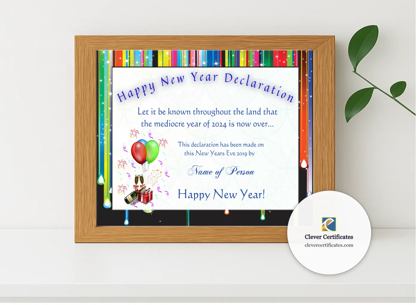 Realistic mockup featuring Happy New Year Certificate 2 displayed within a modern frame, set against a minimalistic background.