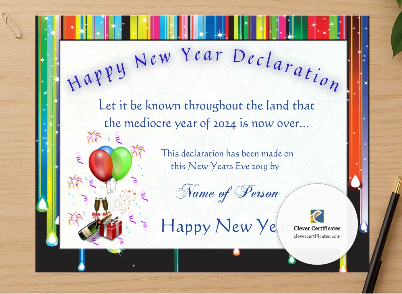 Professional preview of Happy New Year Certificate 2 certificate on high-quality stationery paper, ideal for showcasing the final look.