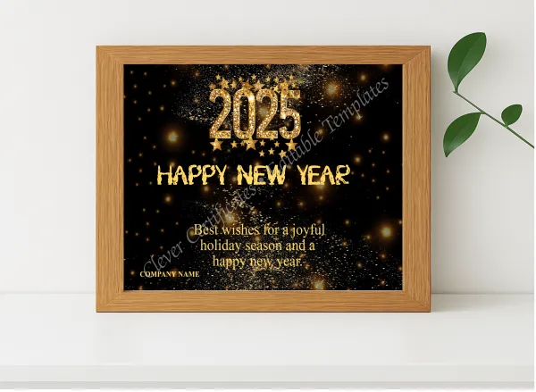 Realistic mockup featuring Editable Happy New Year 2025 Business Card displayed within a modern frame, set against a minimalistic background.