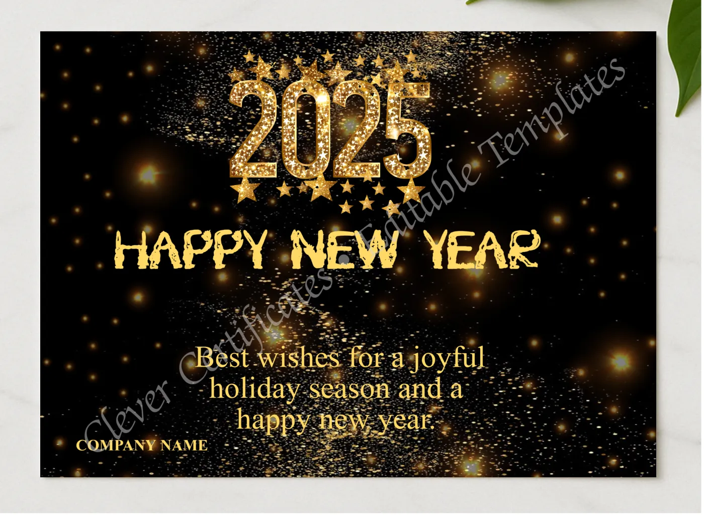 Editable Happy New Year 2025 Business Card presented in a sleek wooden frame, elegantly arranged on a stylish table.