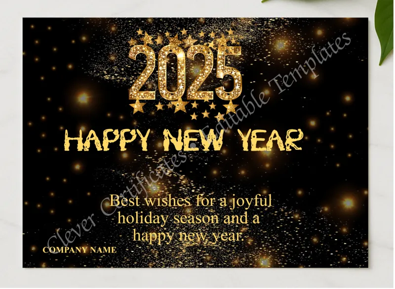 Editable Happy New Year 2025 Business Card presented in a sleek wooden frame, elegantly arranged on a stylish table.