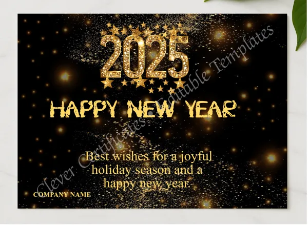 Editable Happy New Year 2025 Business Card presented in a sleek wooden frame, elegantly arranged on a stylish table.