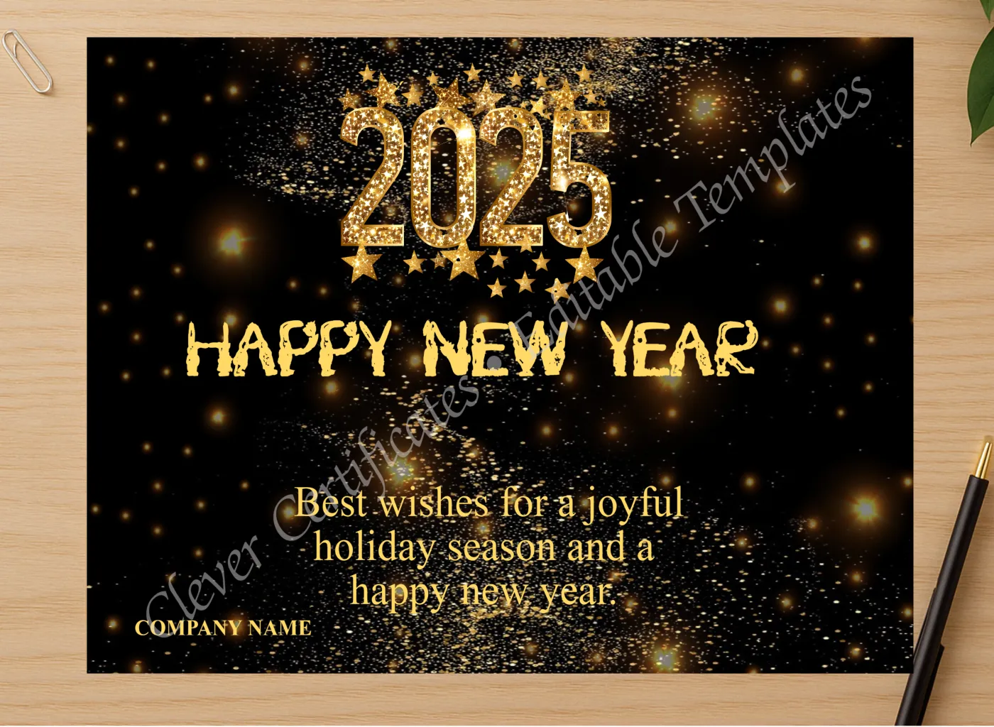 Professional preview of Editable Happy New Year 2025 Business Card certificate on high-quality stationery paper, ideal for showcasing the final look.