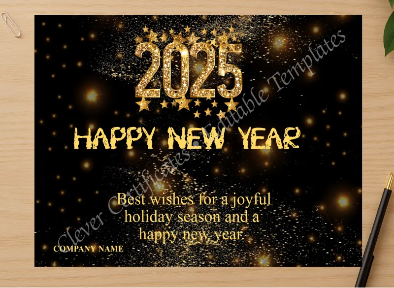 Professional preview of Editable Happy New Year 2025 Business Card certificate on high-quality stationery paper, ideal for showcasing the final look.
