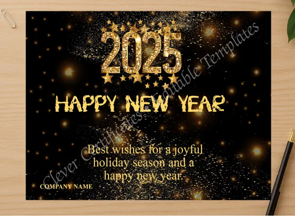Professional preview of Editable Happy New Year 2025 Business Card certificate on high-quality stationery paper, ideal for showcasing the final look.