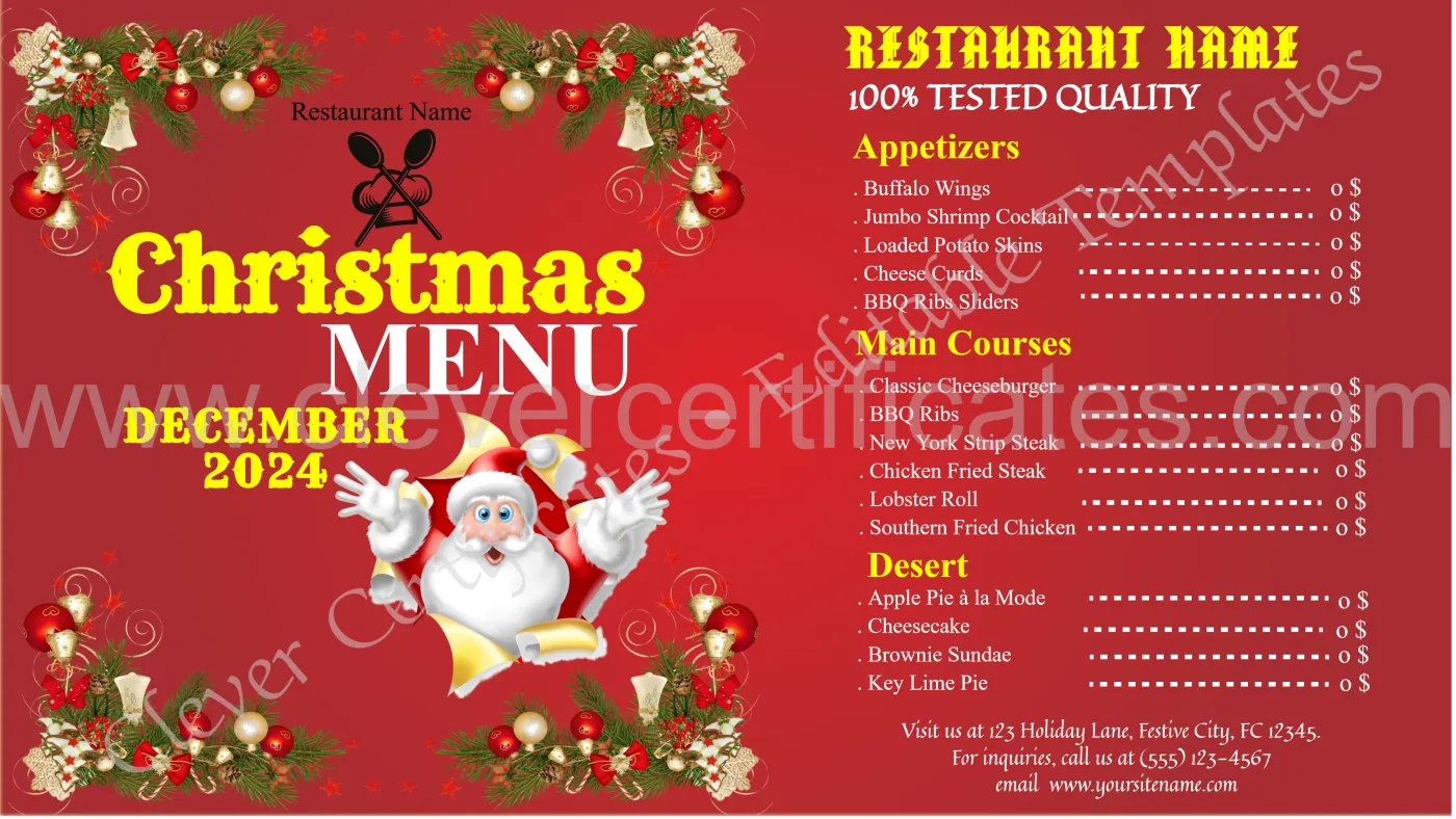 Editable Christmas Food Menu Card — Certificate Template Preview