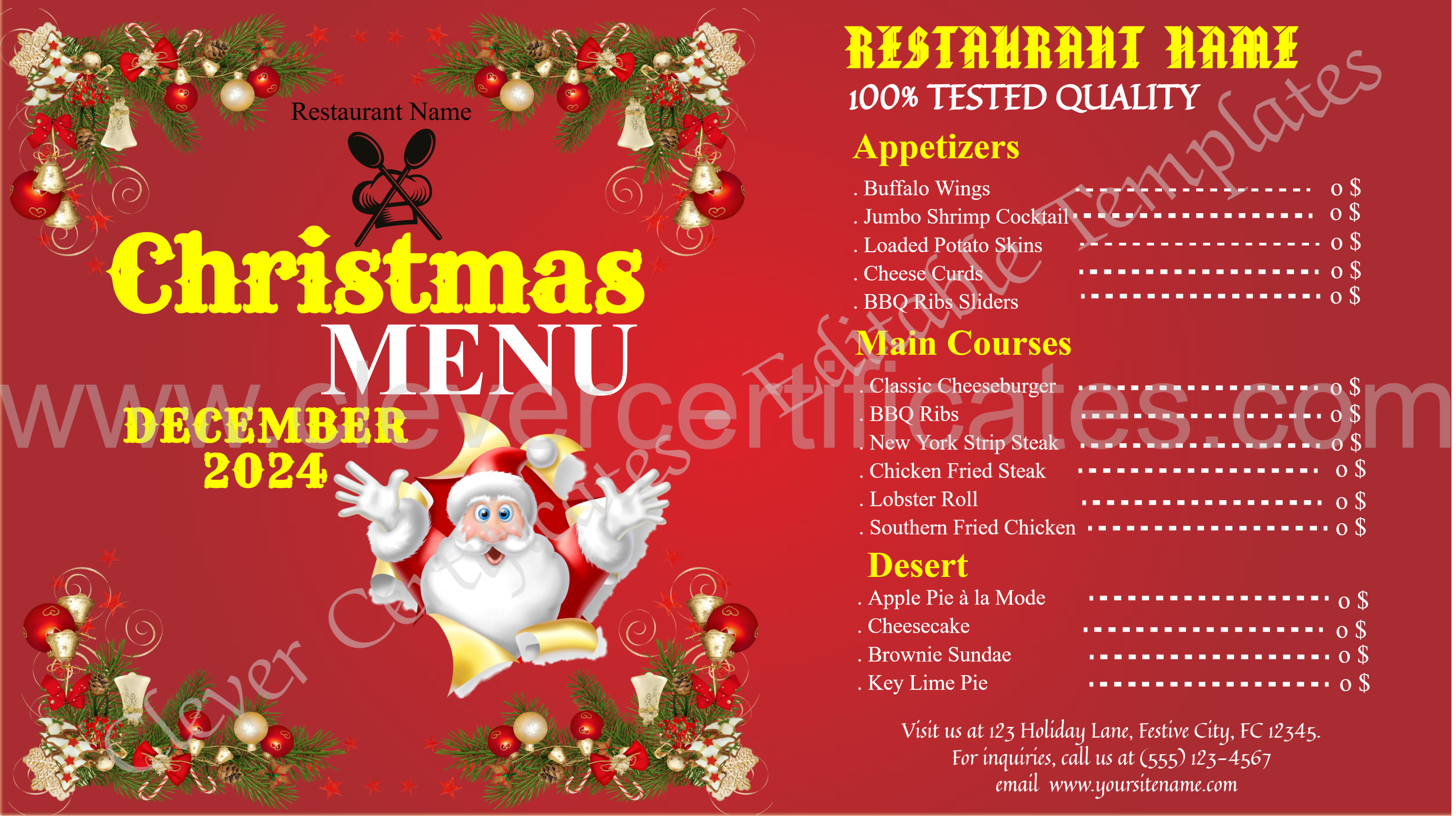 Editable Christmas Food Menu Card — Certificate Template Preview