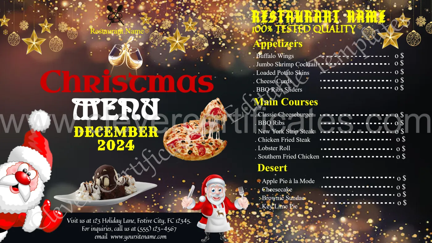 Editable Menu Card For Christmas — Certificate Template Preview