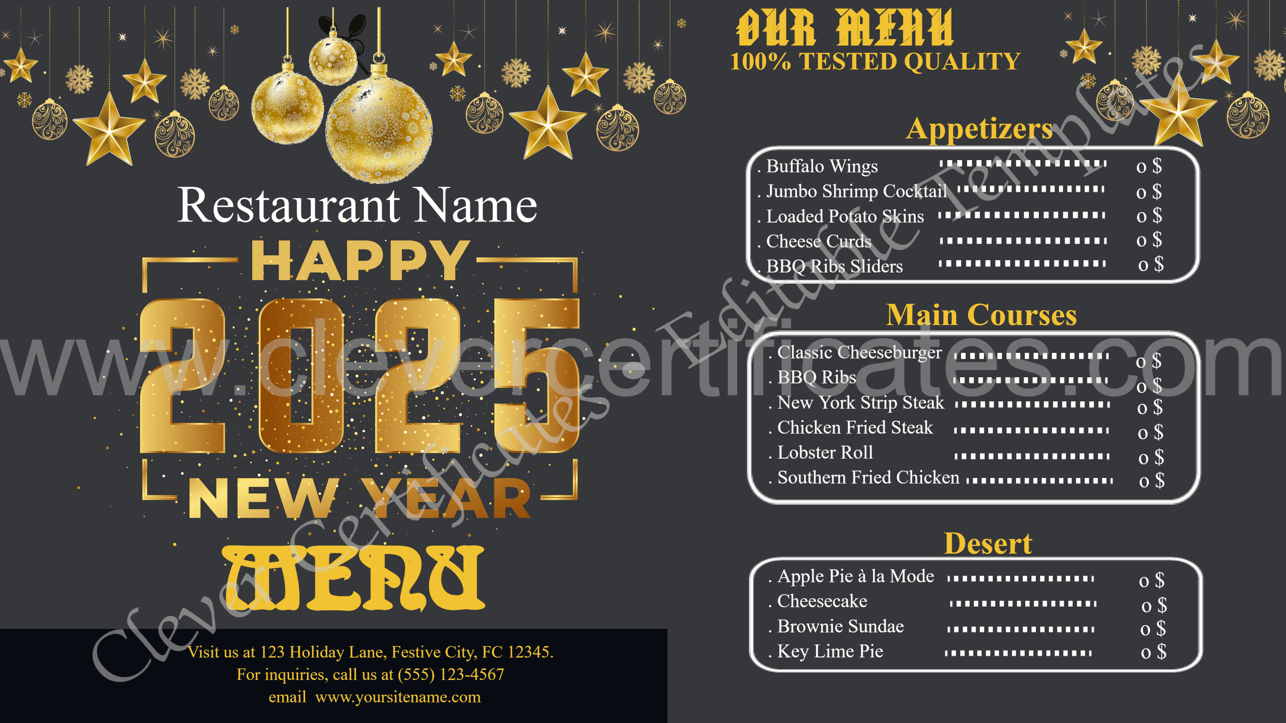 Editable Menu Card For New Year — Certificate Template Preview
