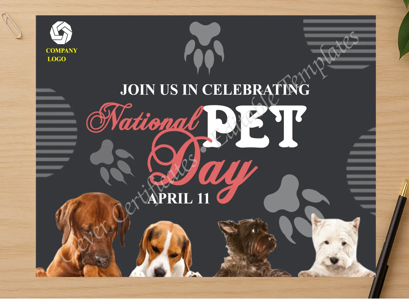 Professional preview of National Pet Day instagram Post certificate on high-quality stationery paper, ideal for showcasing the final look.