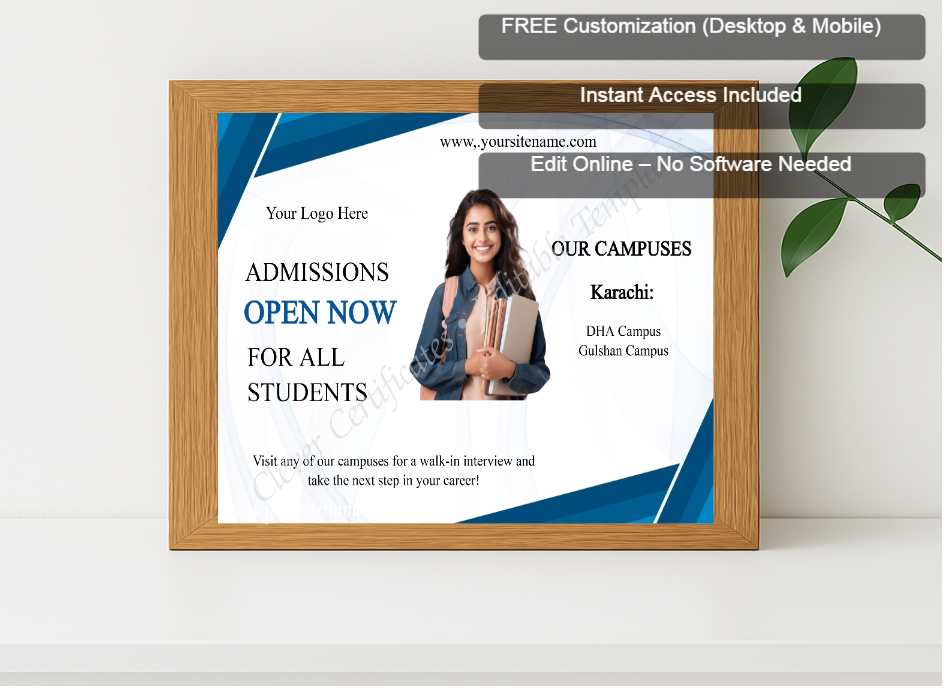 Premium mockup with Free Editor badge stack for Editable Admissions Open Template