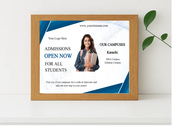 Realistic mockup featuring Editable Admissions Open Template displayed within a modern frame, set against a minimalistic background.