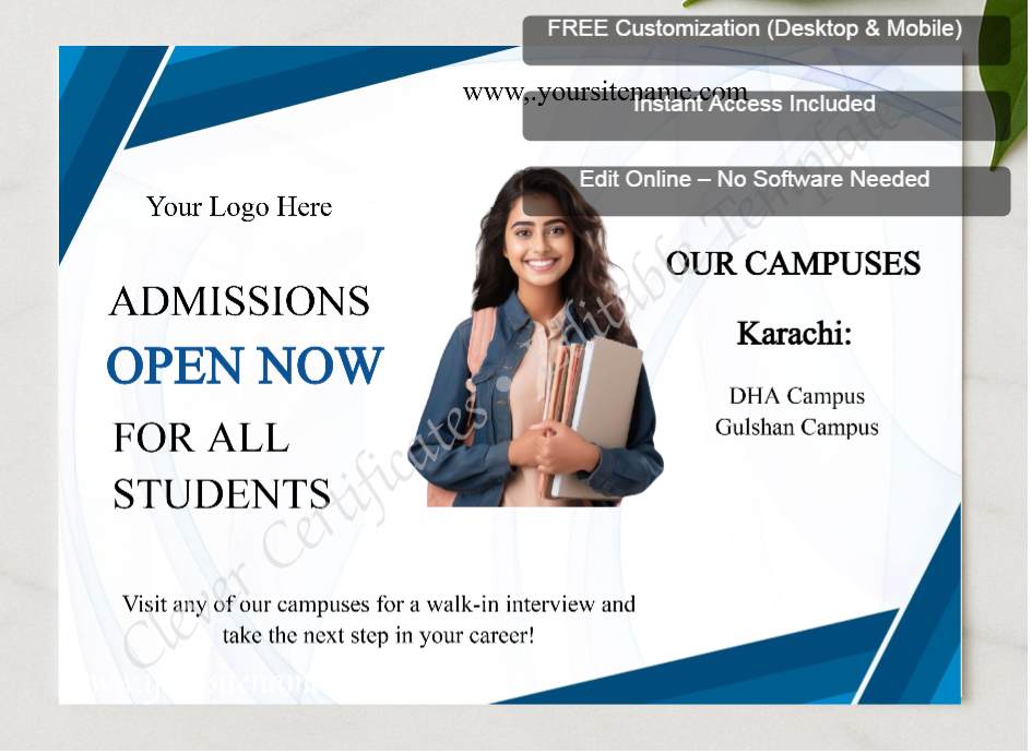 Framed preview featuring Free Editor badge stack for Editable Admissions Open Template