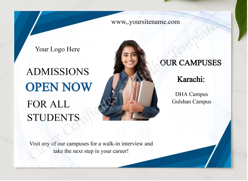 Editable Admissions Open Template presented in a sleek wooden frame, elegantly arranged on a stylish table.