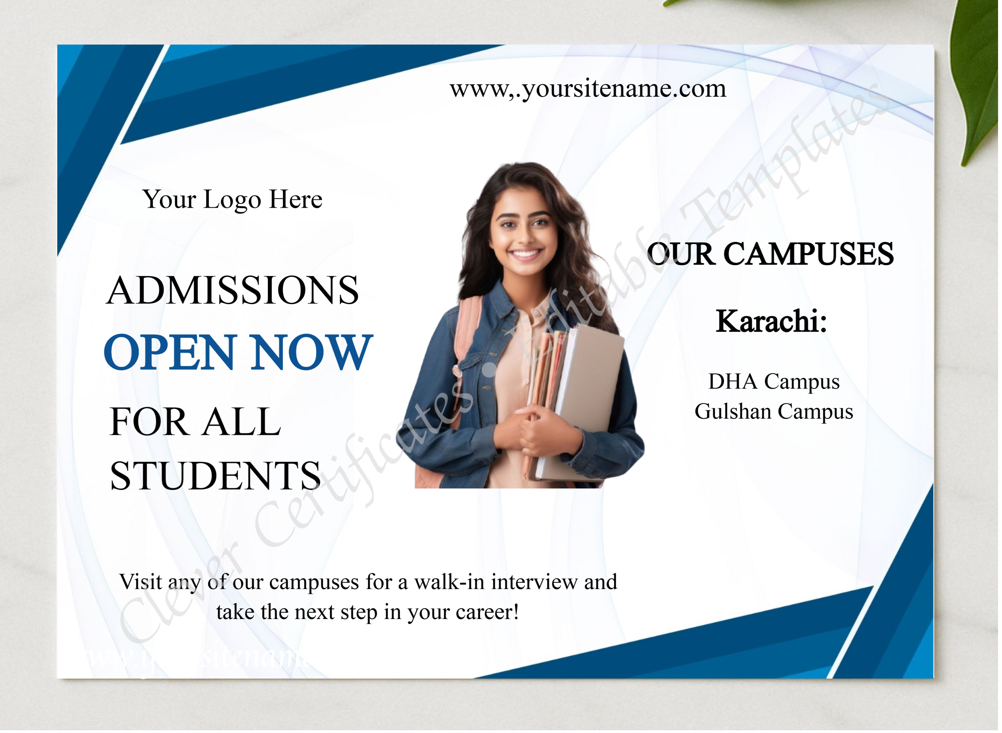 Editable Admissions Open Template presented in a sleek wooden frame, elegantly arranged on a stylish table.