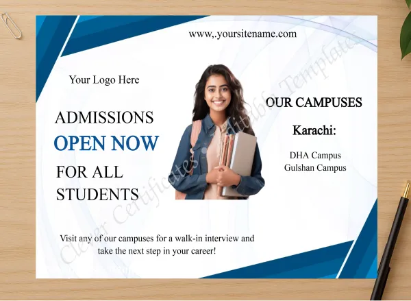 Professional preview of Editable Admissions Open Template certificate on high-quality stationery paper, ideal for showcasing the final look.