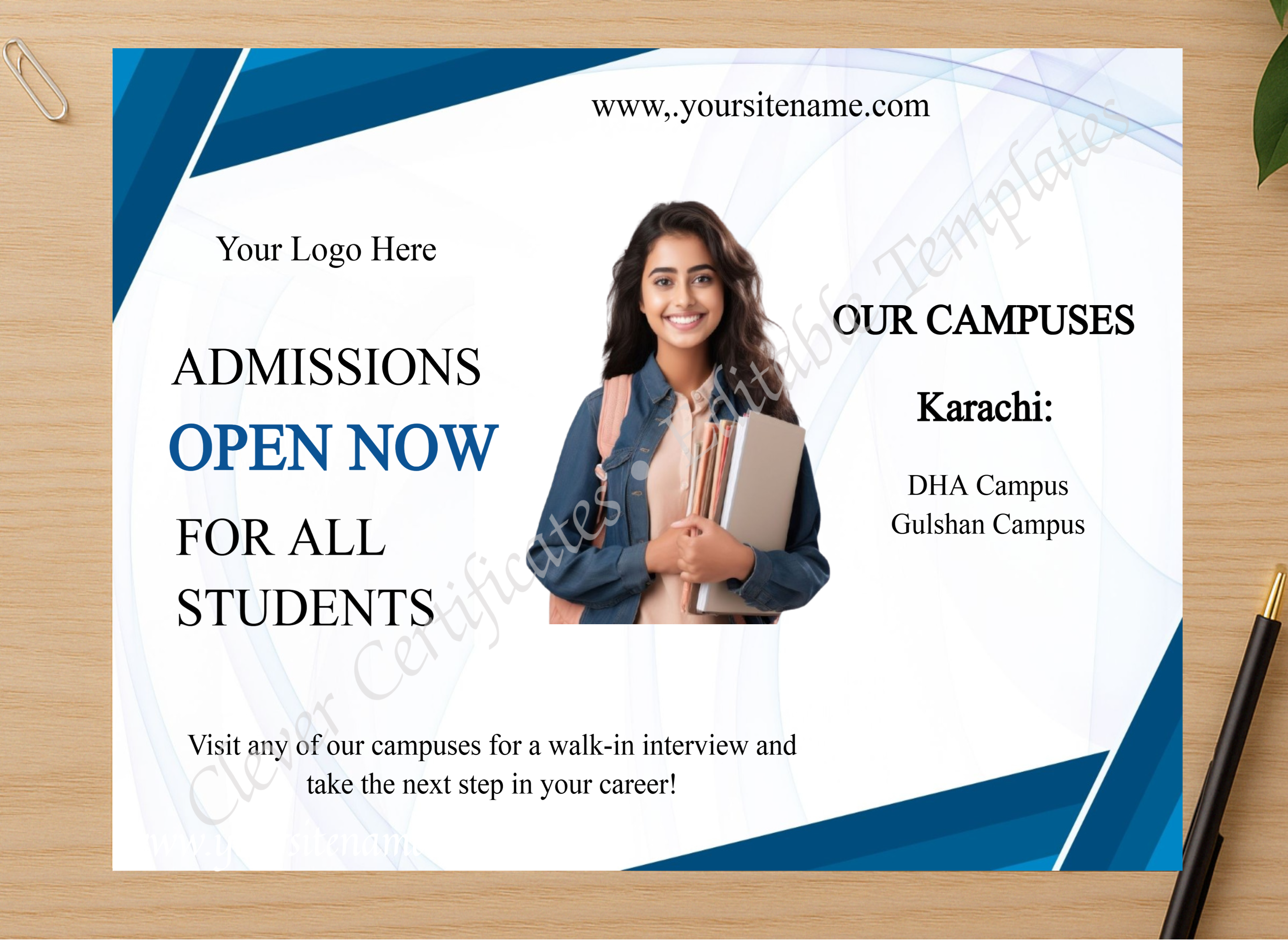 Professional preview of Editable Admissions Open Template certificate on high-quality stationery paper, ideal for showcasing the final look.