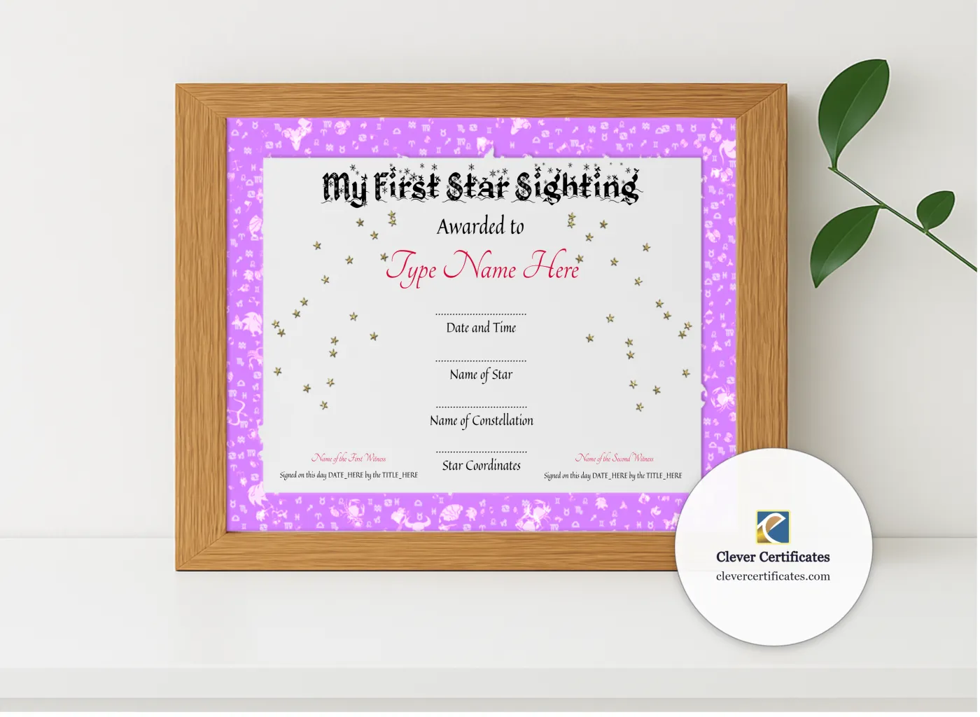 Realistic mockup featuring My First Star Sighting Certificate displayed within a modern frame, set against a minimalistic background.