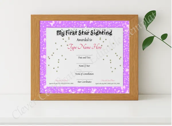 Realistic mockup featuring My First Star Sighting Certificate displayed within a modern frame, set against a minimalistic background.
