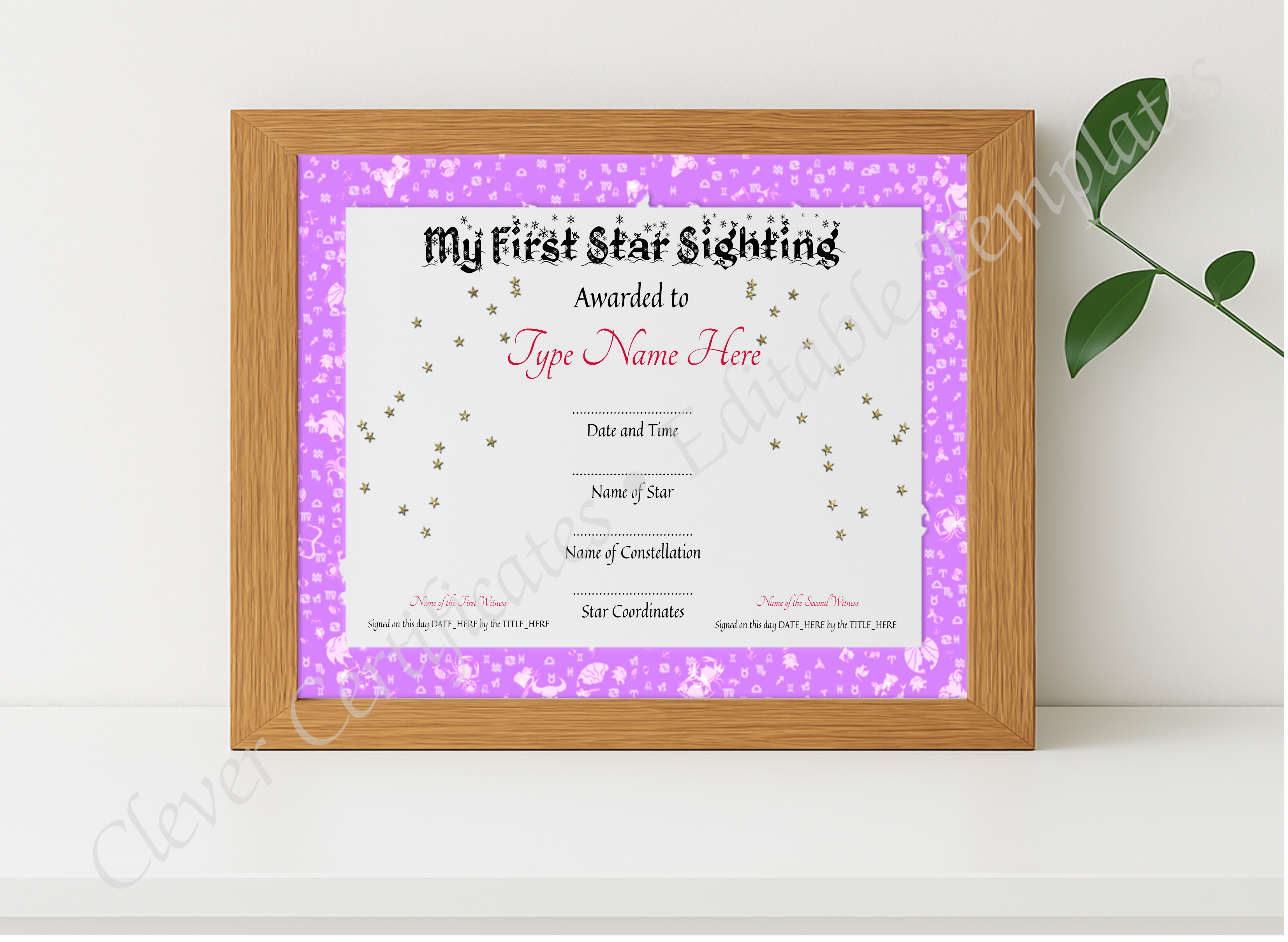 Realistic mockup featuring My First Star Sighting Certificate displayed within a modern frame, set against a minimalistic background.