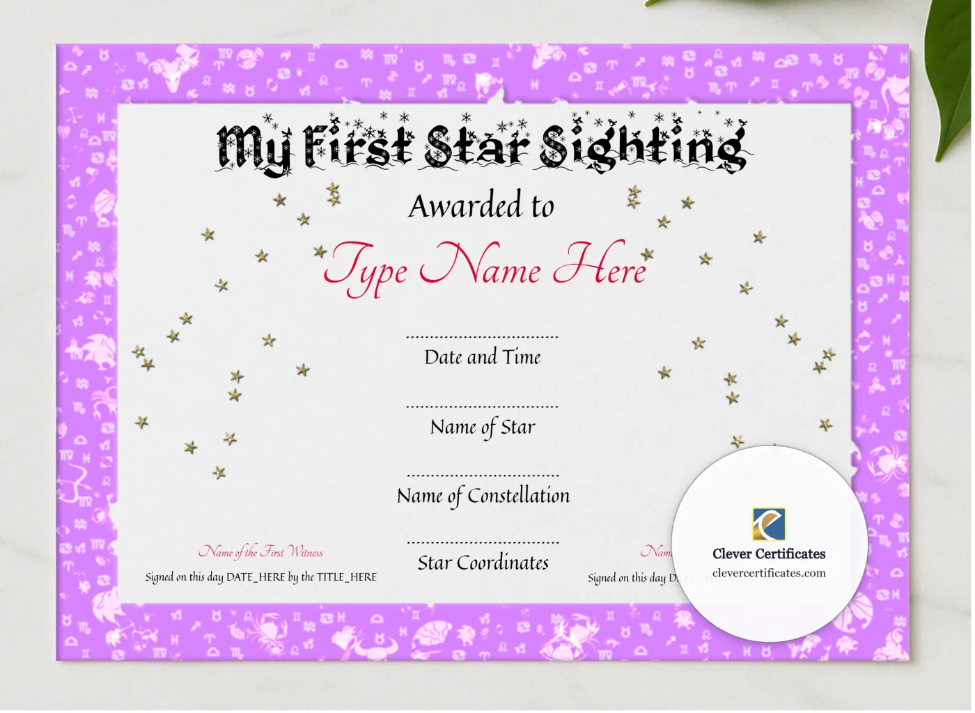 My First Star Sighting Certificate presented in a sleek wooden frame, elegantly arranged on a stylish table.