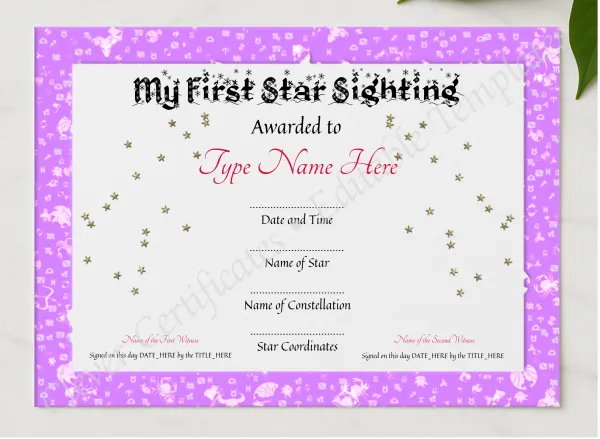 My First Star Sighting Certificate presented in a sleek wooden frame, elegantly arranged on a stylish table.