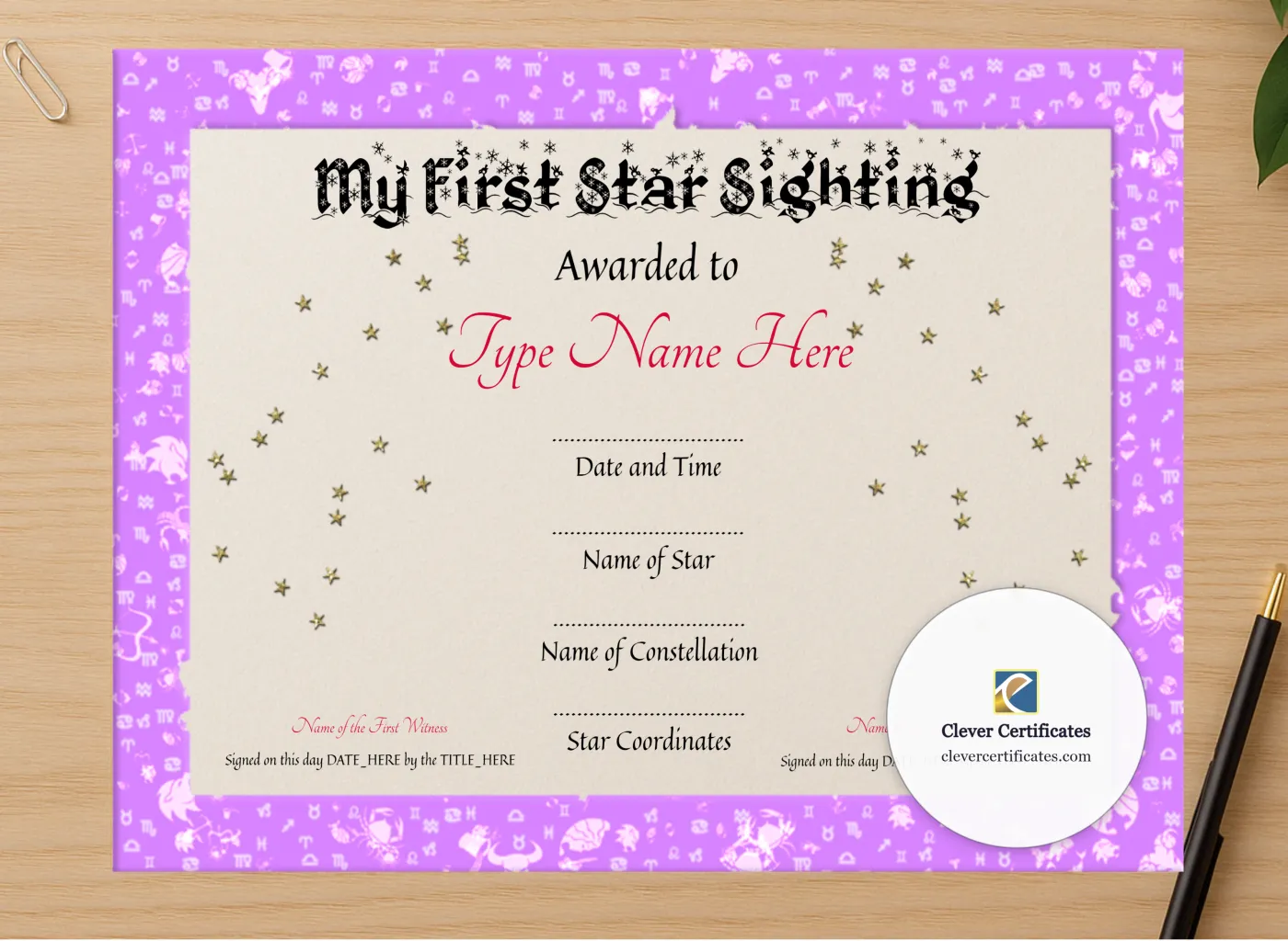 Professional preview of My First Star Sighting Certificate certificate on high-quality stationery paper, ideal for showcasing the final look.