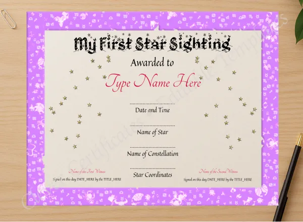Professional preview of My First Star Sighting Certificate certificate on high-quality stationery paper, ideal for showcasing the final look.